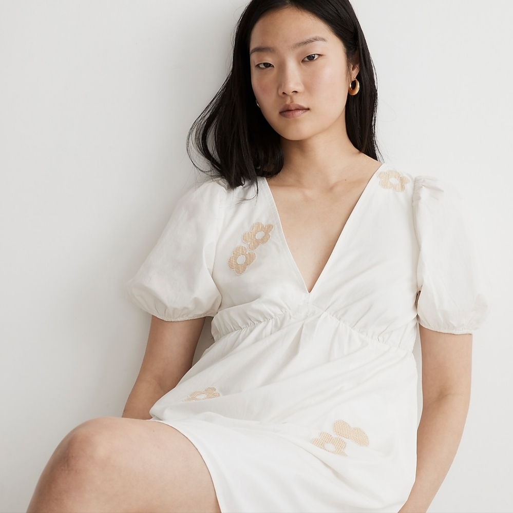 Madewell White Mini Dress with Cream Floral Embroidery